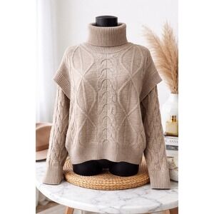 Elie Tahari Cable Knit Turtleneck Sweater Beige Chunky Cozy Women L